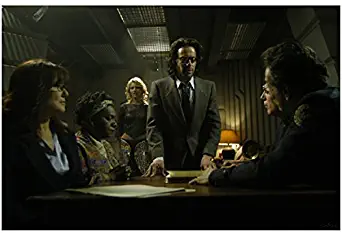 Colonial President Laura Roslin, Cylon Number Six, Elosha, Gaius Baltar and Admiral Adama looking over Sacred Scrolls - Battlestar Galactica 8x10 Photograph - HQ - BSG