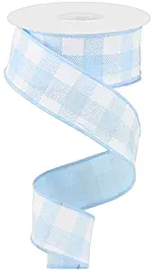 Plaid Check Wired Edge Ribbon - 10 Yards (Pale Blue, White, 1.5")