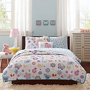 Mi Zone kids - Fluttering Farrah Complete Quilted Coverlet And Sheet Set - White, Blue, Purple - Twin - Floral Print - Includes 1 Coverlet, 1 Pillowcase, 1 Sham, 1 Pillow, 1 Fitted Sheet, 1 Flat Sheet