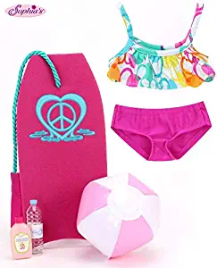Sophia's Doll Sized Beach Accessory Set with Print Cropped Bikini Top with Solid Bottoms, Hot Pink Body Board, Beach Ball, Water and Suntan Lotion | 5 Piece Beach Set for 18 Inch Dolls