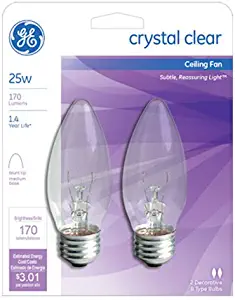 GE Lighting 22756 25-Watt 170-Lumen Decorative B13 Incandescent Light Bulb, Crystal Clear, 2-Pack