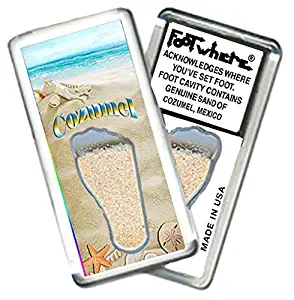 Cozumel FootWhere Magnet (CZ202 - Shells).Authentic Destination Souvenir acknowledging Where You've Set Foot. Genuine Soil of Featured Location encased Inside Foot Cavity. Made in USA.