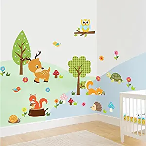 Amaonm Cute Cartoon Natural Wildlife Wall Decals Forest Animals Wall Stickers Murals Owls, Deer, Fox Peel & Stick for Baby Children's Playroom Removable DIY Arts Crafts Decor for Nursery Room