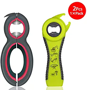 Bottle Opener Set,2Pcs Inclinding 5-in-1 and 6-in-1, Can, Soda, and Jar Openers, Twist Off Lid – Jar Opener for Seniors and Arthritic Hands (Gray Green)