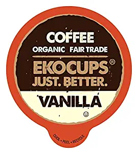 EKOCUPS Artisan Organic Vanilla Flavored Hot or Iced Coffee, Medium roast, in Recyclable Single Serve Cups for the Keurig K Cup Brew, 40 Count.