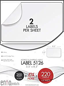 enKo - 5-1/2 x 8-1/2 Inch Label - White Blank - 2 Per Sheet Half Shipping Labels for Laser Inkjet Printer (110 Sheets, 220 Labels)