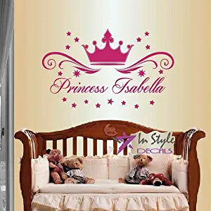 Wall Vinyl Decal Home Decor Art Sticker Princess Crown With Stars Customized Name Girl KidsNursery Play Room Removable Stylish Mural Unique Design 376