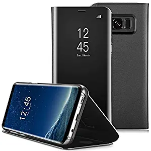 AICase Galaxy S8 Plus Case, Luxury Translucent View Window Front Cover Mirror Screen Flip Smart Electroplate Plating Stand Full Body Protective Case for Samsung Galaxy S8 Plus(Black)