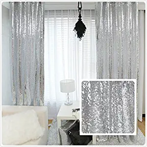 TRLYC New Year Sequin Silver Curtains, Select You Size, 5FT6FT Sparkly Silver Sequin Fabric Photography Backdrop, Best Wedding/Home/Party Fashion Decoration