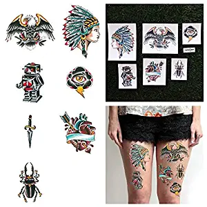 Tattify Colorful Traditional Style Temporary Tattoos - Shades of Grey (Complete Set of 14 Tattoos - 2 of each Style) - Individual Styles Available - Fashionable Temporary Tattoos