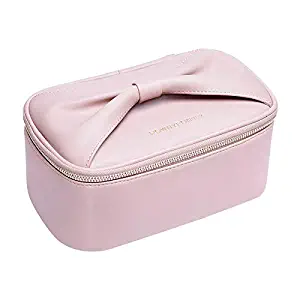 Cute Travel Makeup Bag Organizer Bag Cosmetic Case with Brush Holder Bow Handle Portable Soft Waterproof PU Leather Women Storage Makeup Tools Traveling Accessories(9x5x3.7”)
