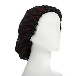 Kim Kimble Slumber Cap Night Bonnet (Red Silk with Lace) - Helps Hair Retain Moisture - Protects Styling