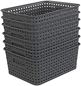 Neadas Deep Grey Plastic Weave Wicker Storage Baskets, Rectangle, 6 Packs
