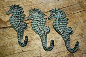 JumpingLight 3 Cast Iron Antique Style Seahorse Coat Hooks Hat Hook Rack Towel Nautical Beach Cast Iron Decor for Vintage Industrial Home Accessory Decorative Gift