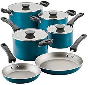 Farberware Neat Nest Space Saving Aluminum Nonstick Cookware Set (Teal 10 pc set)