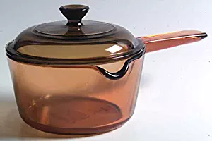 Vintage Corning Ware Pyrex VISION Visions Visionware AMBER ALL GLASS 1 Quart / 1 Litre 6" inch SAUCEPAN with BUILT-IN POUR SPOUT + Cover/Lid MADE IN USA