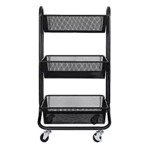 DESIGNA 3-Tier Metal Mesh Rolling Storage Cart with Utility Handle, Black