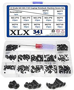 XLX 340PCS 12 Kinds M2 M2.5 M3 Laptop Notebook Machine Screw Set Stainless Flat Cross Recessed Pan Head Screw Assortment Kit with A Screwdriver Computer Accessory Screw Replacement Repair Kit