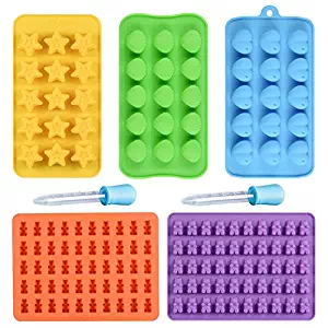 Silicone Gummy Bear Candy Molds - Chocolate Candy Molds & Bear Silicone Molds Including Stars, Seashells, Hearts and Bears with Free 2 Droppers 100% Food Grade Silicone Pack of 5