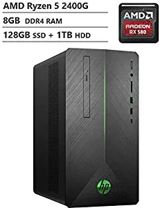 2019 HP Pavilion 690 VR Ready Gaming Desktop Computer, AMD Ryzen 5 2400G Quad-Core Processor, 8GB DDR4, 128GB SSD + 1TB HDD, AMD Radeon RX 580, Wireless-AC, DVDRW, Bluetooth, Windows 10