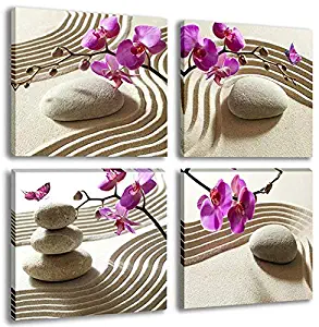 Purple Orchid Flower Canvas Wall Art Paintings 4 Pieces Beige Relaxing Zen Stone Print Pictures Artwork for SPA Bathroom Yoga Room Decoration Framed
