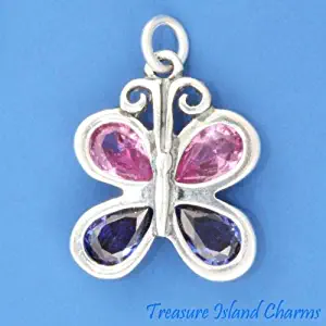 Butterfly 925 Sterling Silver Charm Pink and Purple CZ Crystals Crafting Key Chain Bracelet Necklace Jewelry Accessories Pendants