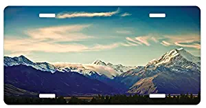 Lunarable Nature License Plate, New Zealand Scenic Mountain Shot at Mount Cook National Park Alpine Panorama, High Gloss Aluminum Novelty Plate, 5.88