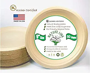 Nature Link Kosher Certified Made in USA (50) Pack 100% Compostable 9" Paper Plates Eco Friendly Made of Sugar Cane Fibers Brown Biodegradable