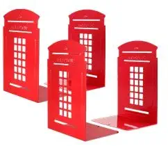 OMEYA Bookends, Telephone Booth Metal Book Ends Non Skid Heavy Duty for Shelves, Books, DVD, Video 7.8 x 5.5 x 3.9 inch London-Red (2 Pair/4 Pieces)