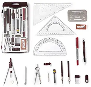 Drawing Tools & Kits 20Pc Geometry Set Aluminum Compass,Protractors,Set Square,Ball Pen,Bow-Pen,Erasing Shield etc.for Basic Beginner Engineers and Students.Size:10x4.6x1 inches (red)