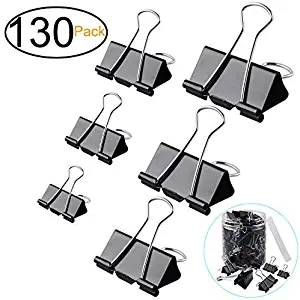 ExcelFu 130 Pcs Binder Clips Paper Clamp Clips Paper Binder Assorted 6 Sizes, Black