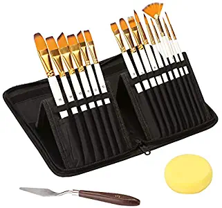 Painting Brush Artist Paint Brush Set – 15 Different Shapes & Sizes – Free Painting Knife & Watercolor Sponge – No Shed Bristles – Wood Handles – for Creative Body Paint, Acrylics & Oil