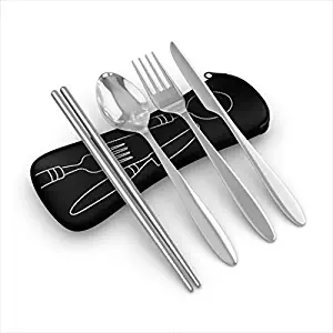 Roaming Cooking Reusable Travel Utensils with Case | Fork and Spoon Set with Knife, Chopsticks and Optional Reusable Straw– Office, Travel, or Camping Accessories| Lightweight Sturdy Reusable Utensils