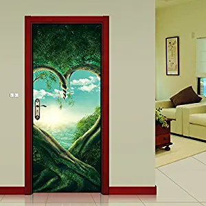 Amaonm Set of 2 38.5x200cm/15.1x78.7inch Removable 3D False Door Wallpaper Vinyl 3D Green Love Old Tree Art Decor Stickers Murals for Walls Home Room Bedroom Living Room Office Decoration (NM26)