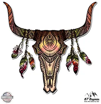 GT Graphics Bull Skull with Feathers Native American Theme - Vinyl Sticker Waterproof Decal