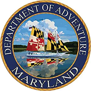 Maryland State Seal Sticker Dept of Outdoor Adventure | MD State Flag Sailing Ship| Apply to Water Bottle Decal Laptop Computer Car Bumper Oval Magnet | Baltimore Oriole Raven Terps Blue Crab Ocean