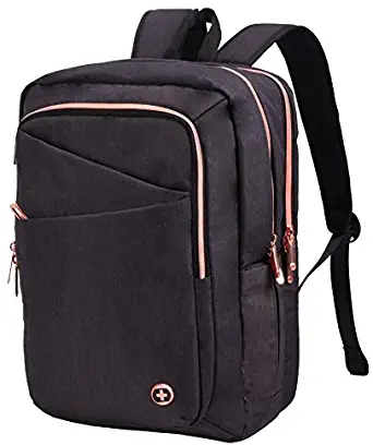 SwissDigital Katy Rose Women's College Travel Laptop Backpack TSA-Friendly Pre-Wired USB Charging RFID Protection Fits Laptops up to 14" Black with Rose Gold Zippers (SD1006-01)